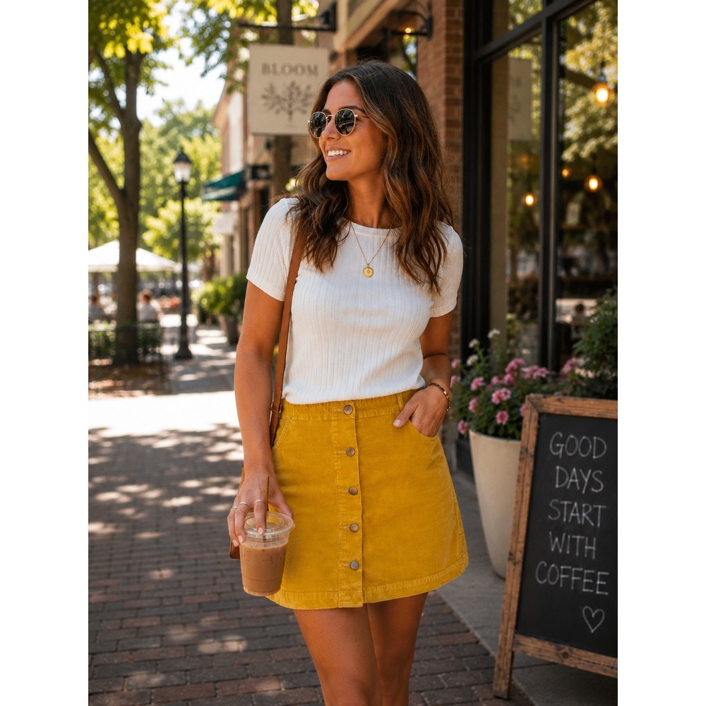 Toad&Co Mustard Yellow Organic Cotton Corduroy Button Front Mini Skirt Size 8
